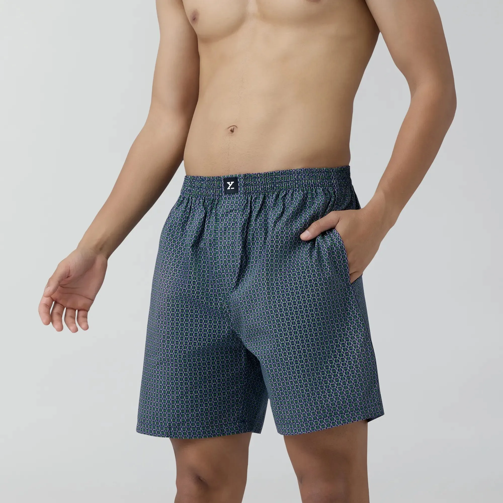 Astor Combed Cotton Boxer Shorts Green Hexagon